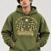 Speedway racing hoodie in Olive Green — worn by a model, front view