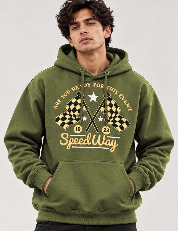 Speedway racing hoodie in Olive Green — worn by a model, front view