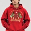 Speedway racing hoodie in Red — worn by a model, front view