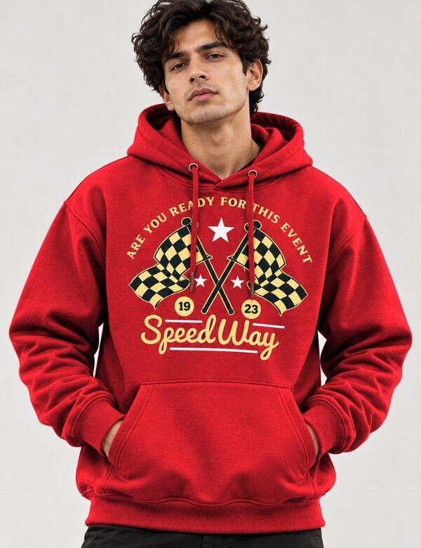 Speedway racing hoodie in Red — worn by a model, front view