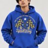 Speedway racing hoodie in Royal Blue — worn by a model, front view