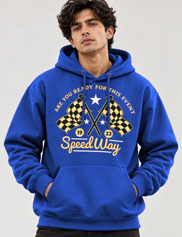 Speedway racing hoodie in Royal Blue — worn by a model, front view