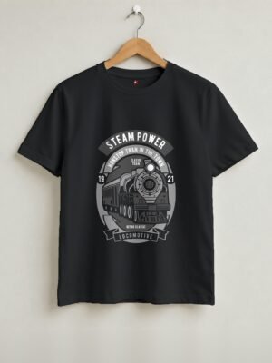 Steam Power Locomotive Round Neck T-Shirt - Black - Front View Steam Power Locomotive Round Neck T-Shirt - Black - Front View