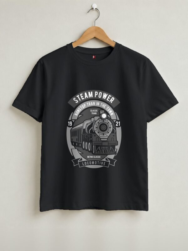 Steam Power Locomotive Round Neck T-Shirt - Black - Front View Steam Power Locomotive Round Neck T-Shirt - Black - Front View