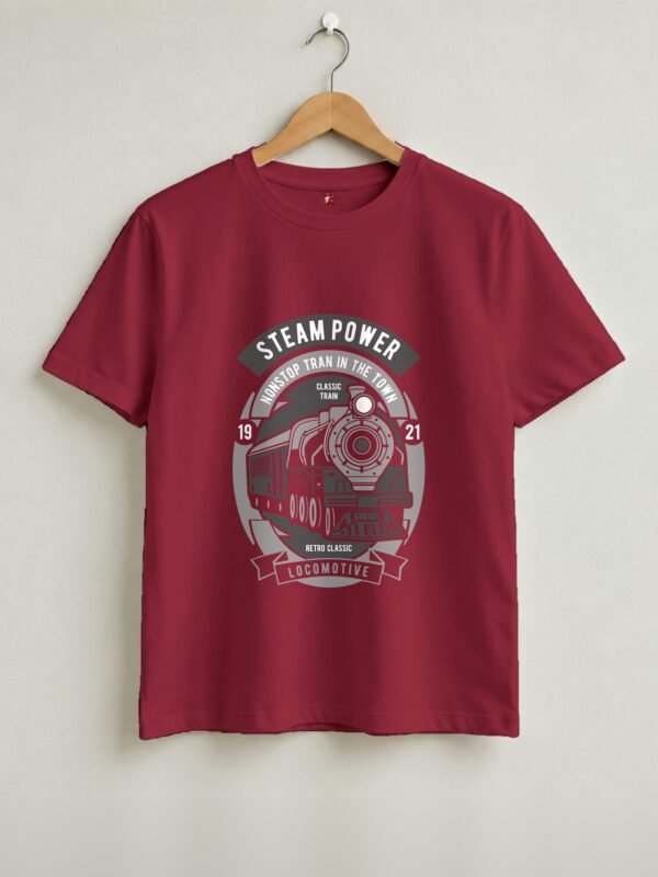 Steam Power Locomotive Round Neck T-Shirt - Maroon - Front View Steam Power Locomotive Round Neck T-Shirt - Maroon - Front View