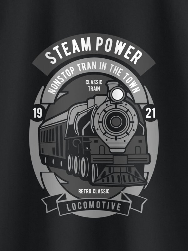 Steam Power Locomotive Round Neck T-Shirt - Print Detail Steam Power Locomotive Round Neck T-Shirt - Print Detail