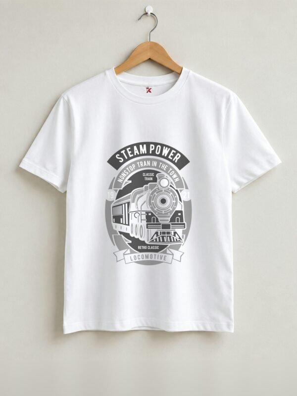 Steam Power Locomotive Round Neck T-Shirt - White - Front View Steam Power Locomotive Round Neck T-Shirt - White - Front View