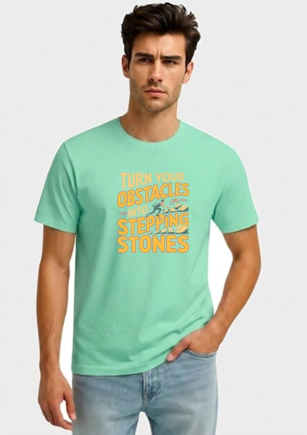 Stepping Stones Quote Round Neck T-Shirt - mint front Mint green Turn Your Obstacles Into Stepping Stones quote round neck t-shirt, front view