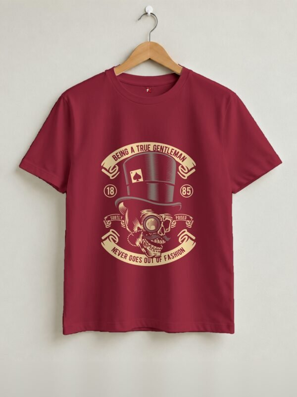 True Gentleman Skull Round Neck T-Shirt - Maroon - Front View