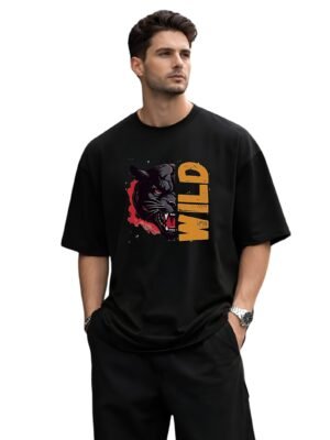 Black Wild Panther 220 GSM oversized t-shirt, front view