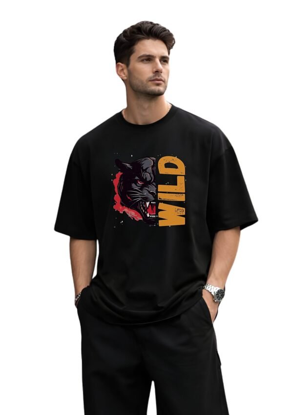 Wild Panther Oversized Tee – Black – front view HD Black Wild Panther 220 GSM oversized t-shirt, front view