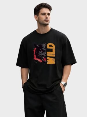 Wild Panther Oversized Tee – Black – front view HD Black Wild Panther 220 GSM oversized t-shirt, front view