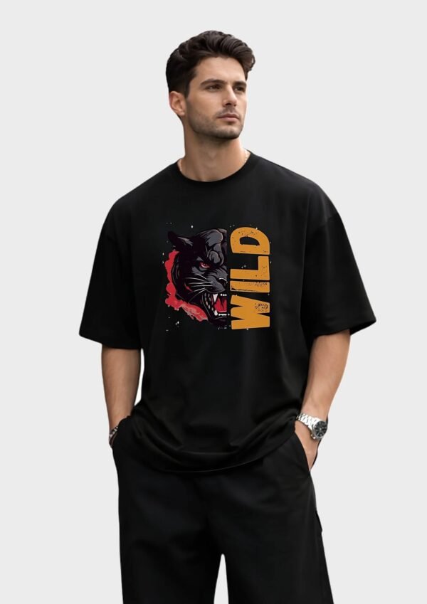 Wild Panther Oversized Tee – Black – front view HD Black Wild Panther 220 GSM oversized t-shirt, front view