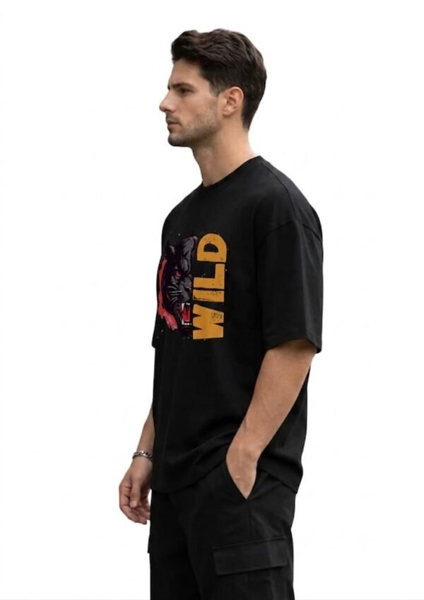 Wild Panther Oversized Tee – Black – side view HD Black Wild Panther 220 GSM oversized t-shirt, side view