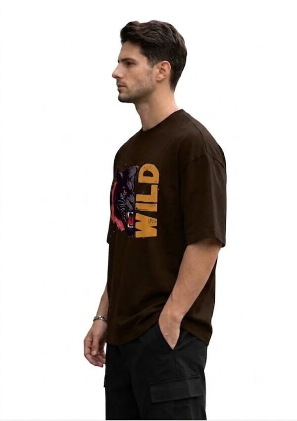 Wild Panther Oversized Tee – Brown – side view HD Brown Wild Panther 220 GSM oversized t-shirt, side view