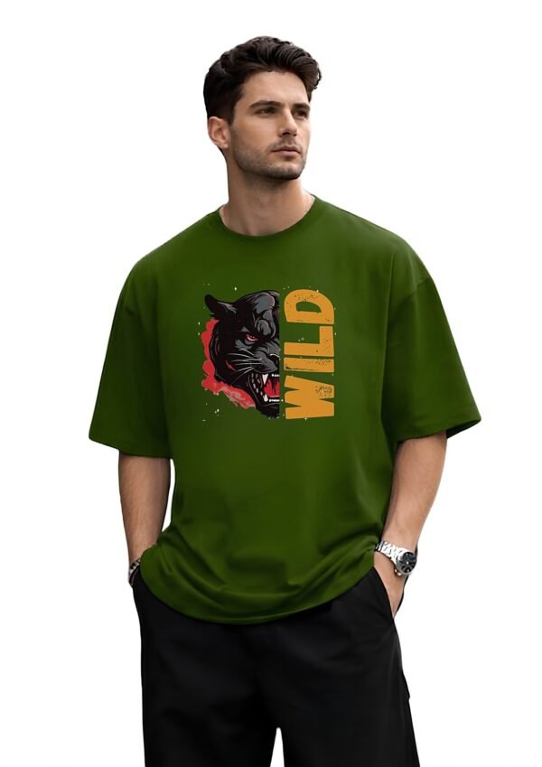 Wild Panther Oversized Tee – Olive Green – front view HD Olive Green Wild Panther 220 GSM oversized t-shirt, front view