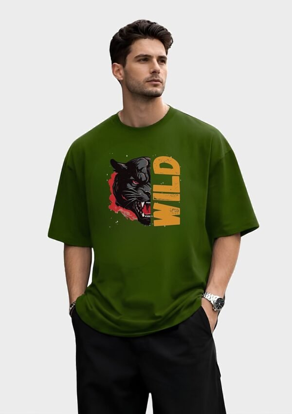 Wild Panther Oversized Tee – Olive Green – front view HD Olive Green Wild Panther 220 GSM oversized t-shirt, front view