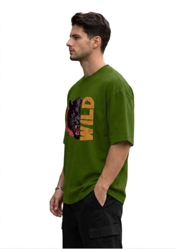 Wild Panther Oversized Tee – Olive Green – side view HD Olive Green Wild Panther 220 GSM oversized t-shirt, side view
