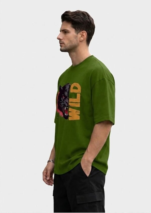 Wild Panther Oversized Tee – Olive Green – side view HD Olive Green Wild Panther 220 GSM oversized t-shirt, side view