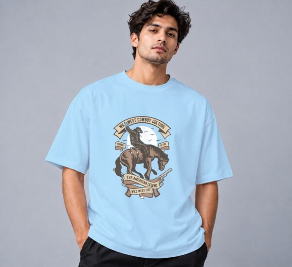 wild-west-cowboy-culture-tshirt-baby-blue-front Wild West Cowboy Culture 240 GSM Oversized Tee in baby blue, front view – Kool Kameez