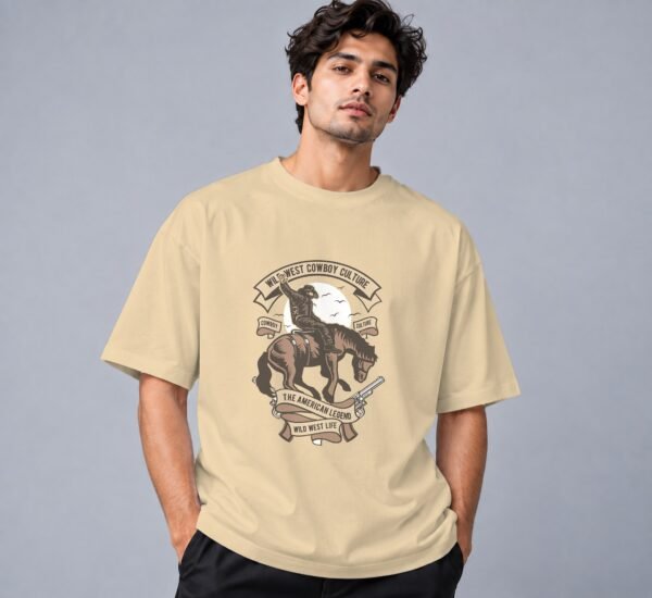 Wild West Cowboy Culture Retro Round Neck T-Shirt in beige, front view – Kool Kameez