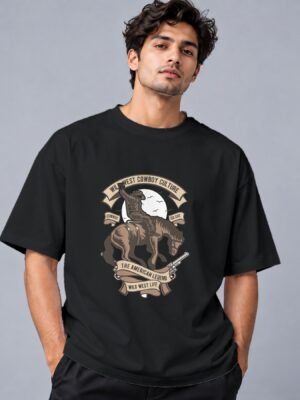 wild-west-cowboy-culture-tshirt-black-front Wild West Cowboy Culture 240 GSM Oversized Tee in black, front view – Kool Kameez