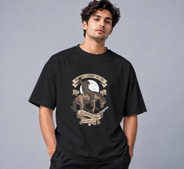 wild-west-cowboy-culture-tshirt-black-front Wild West Cowboy Culture 240 GSM Oversized Tee in black, front view – Kool Kameez