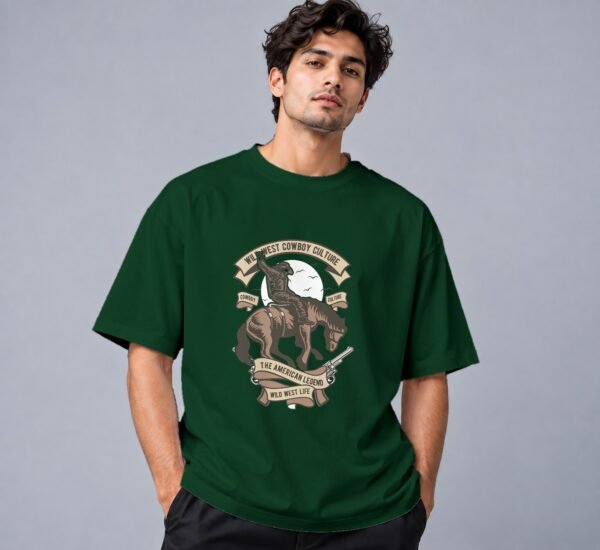 wild-west-cowboy-culture-tshirt-bottle-green-front Wild West Cowboy Culture 240 GSM Oversized Tee in bottle green, front view – Kool Kameez