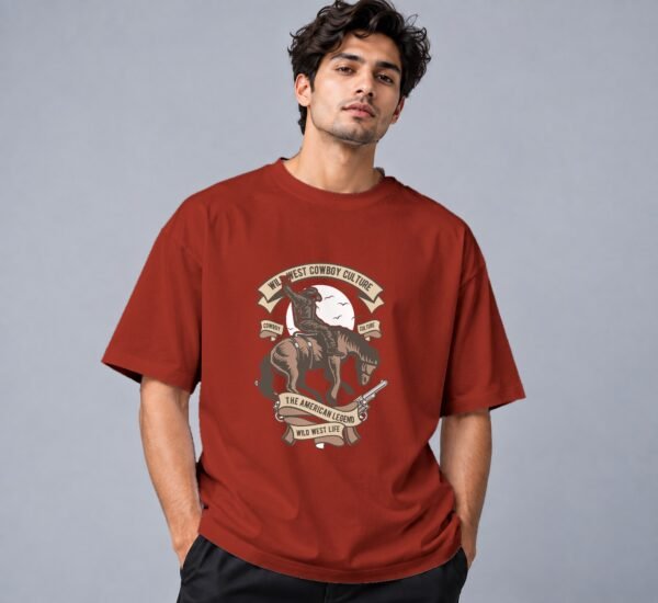 Wild West Cowboy Culture Retro Round Neck T-Shirt in brick red, front view – Kool Kameez