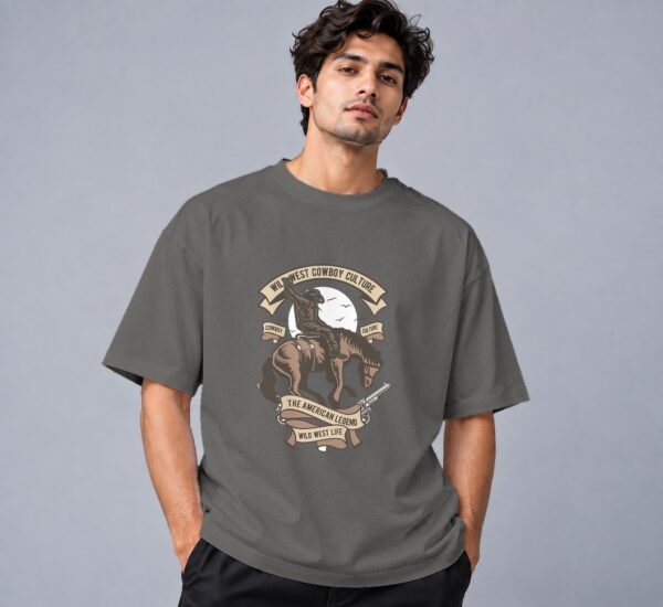 Wild West Cowboy Culture Retro Round Neck T-Shirt in charcoal melange, front view – Kool Kameez