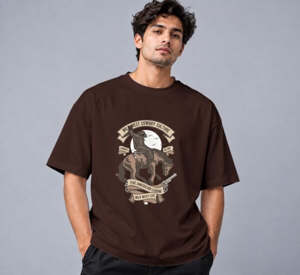 Wild West Cowboy Culture Retro Round Neck T-Shirt in coffee brown, front view – Kool Kameez