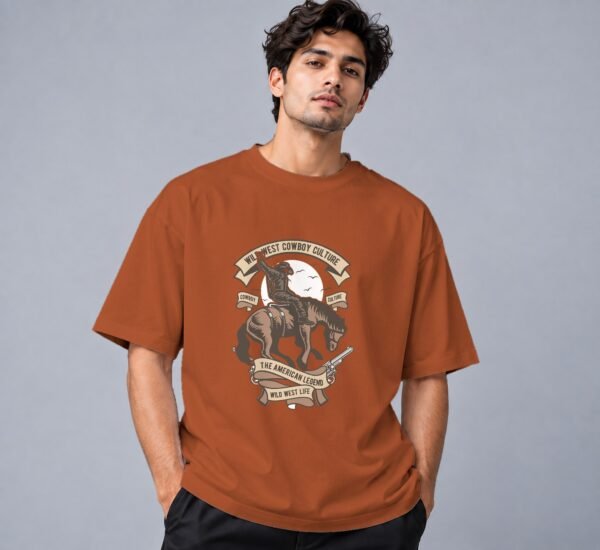 Wild West Cowboy Culture Retro Round Neck T-Shirt in copper, front view – Kool Kameez