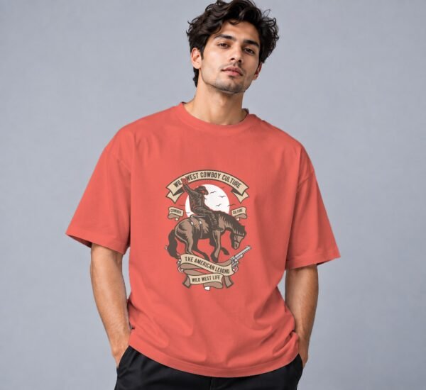 wild-west-cowboy-culture-tshirt-coral-front Wild West Cowboy Culture 240 GSM Oversized Tee in coral, front view – Kool Kameez