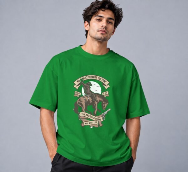 Wild West Cowboy Culture Retro Round Neck T-Shirt in flag green, front view – Kool Kameez