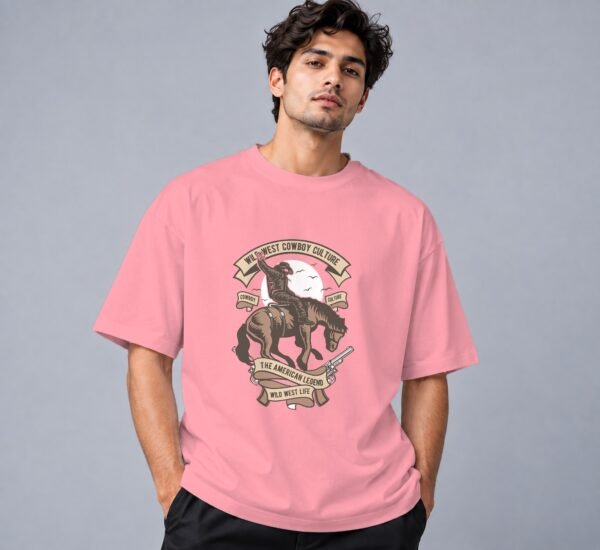 Wild West Cowboy Culture Retro Round Neck T-Shirt in flamingo, front view – Kool Kameez
