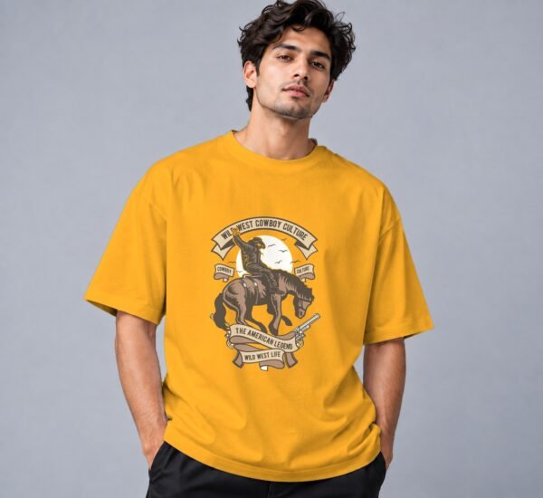wild-west-cowboy-culture-tshirt-golden-yellow-front Wild West Cowboy Culture 240 GSM Oversized Tee in golden yellow, front view – Kool Kameez