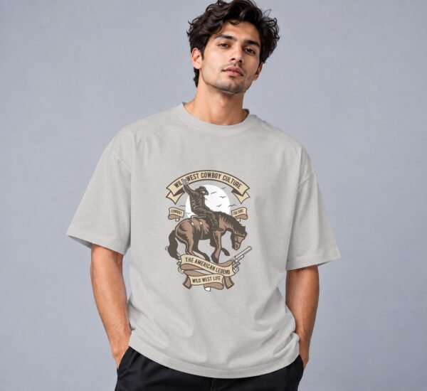 wild-west-cowboy-culture-tshirt-grey-melange-front Wild West Cowboy Culture 240 GSM Oversized Tee in grey melange, front view – Kool Kameez
