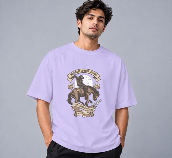 wild-west-cowboy-culture-tshirt-lavender-front Wild West Cowboy Culture 240 GSM Oversized Tee in lavender, front view – Kool Kameez