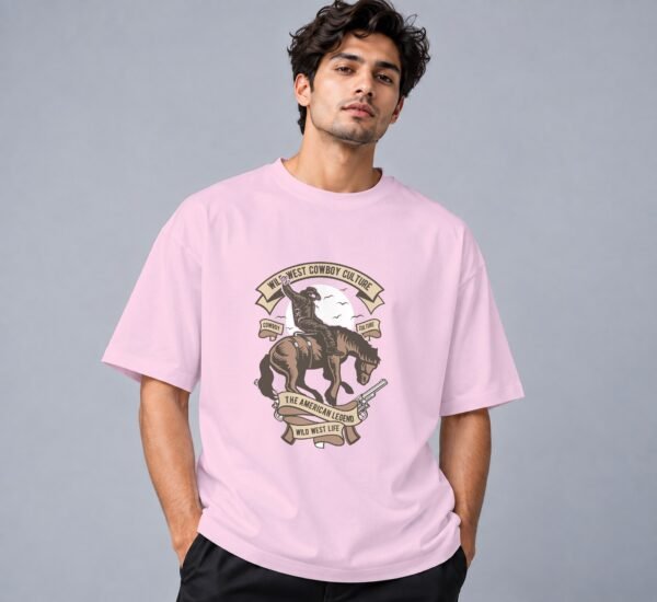 wild-west-cowboy-culture-tshirt-light-baby-pink-front Wild West Cowboy Culture 240 GSM Oversized Tee in light baby pink, front view – Kool Kameez