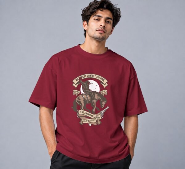 wild-west-cowboy-culture-tshirt-maroon-front Wild West Cowboy Culture 240 GSM Oversized Tee in maroon, front view – Kool Kameez