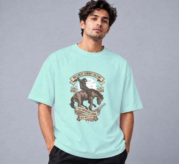 wild-west-cowboy-culture-tshirt-mint-front Wild West Cowboy Culture 240 GSM Oversized Tee in mint, front view – Kool Kameez