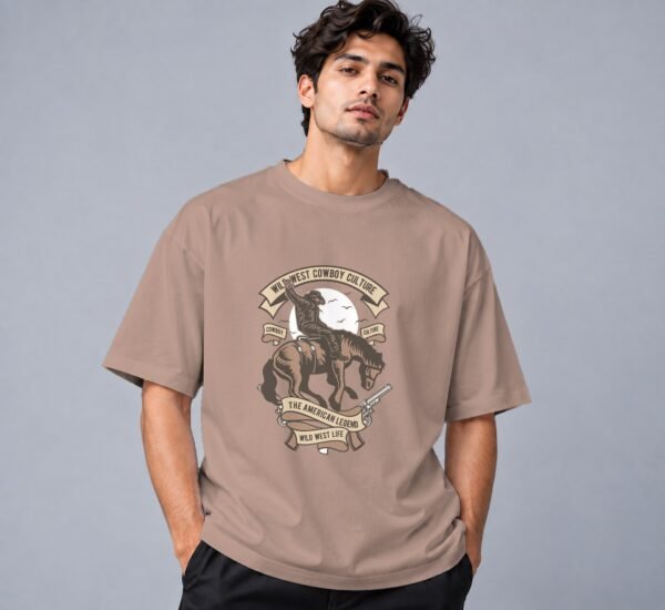 Wild West Cowboy Culture Retro Round Neck T-Shirt in mushroom, front view – Kool Kameez