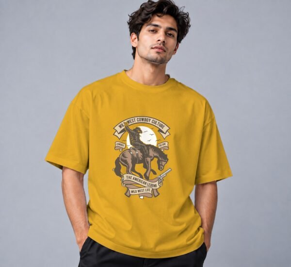 wild-west-cowboy-culture-tshirt-mustard-yellow-front Wild West Cowboy Culture 240 GSM Oversized Tee in mustard yellow, front view – Kool Kameez