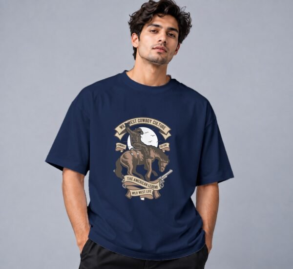 wild-west-cowboy-culture-tshirt-navy-blue-front Wild West Cowboy Culture 240 GSM Oversized Tee in navy blue, front view – Kool Kameez