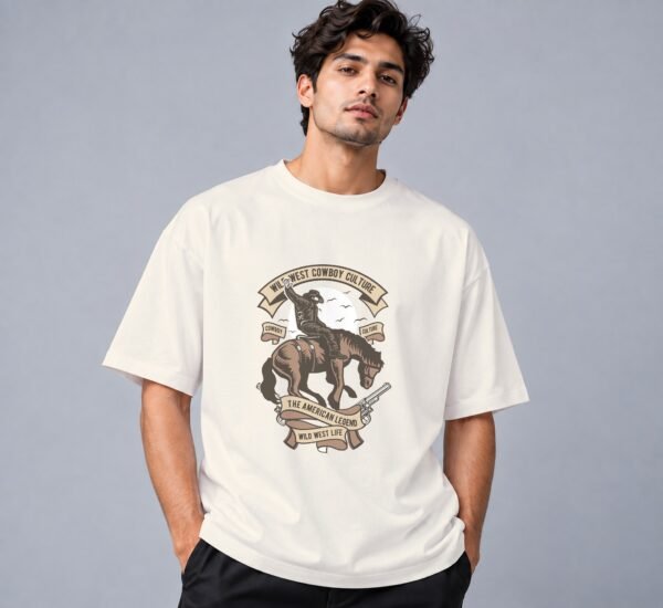 wild-west-cowboy-culture-tshirt-off-white-front Wild West Cowboy Culture 240 GSM Oversized Tee in off white, front view – Kool Kameez