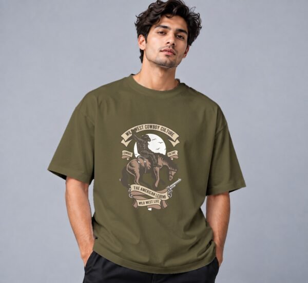 wild-west-cowboy-culture-tshirt-olive-green-front Wild West Cowboy Culture 240 GSM Oversized Tee in olive green, front view – Kool Kameez