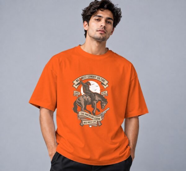 Wild West Cowboy Culture Retro Round Neck T-Shirt in orange, front view – Kool Kameez