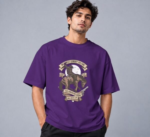 wild-west-cowboy-culture-tshirt-purple-front Wild West Cowboy Culture 240 GSM Oversized Tee in purple, front view – Kool Kameez