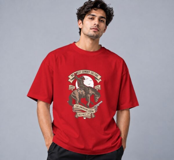 wild-west-cowboy-culture-tshirt-red-front Wild West Cowboy Culture 240 GSM Oversized Tee in red, front view – Kool Kameez