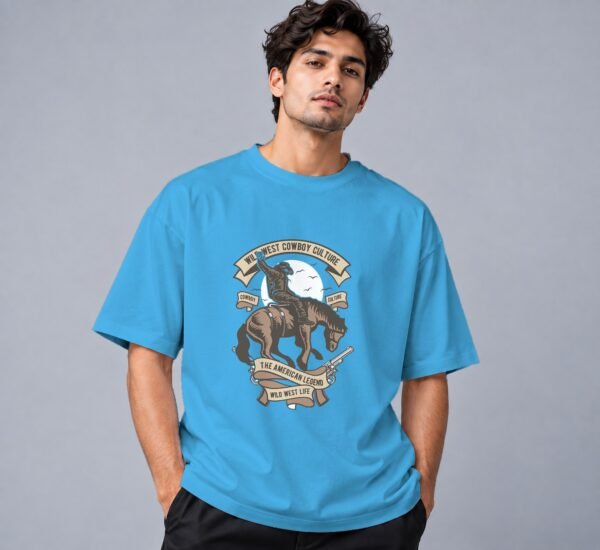 Wild West Cowboy Culture Retro Round Neck T-Shirt in skyblue, front view – Kool Kameez